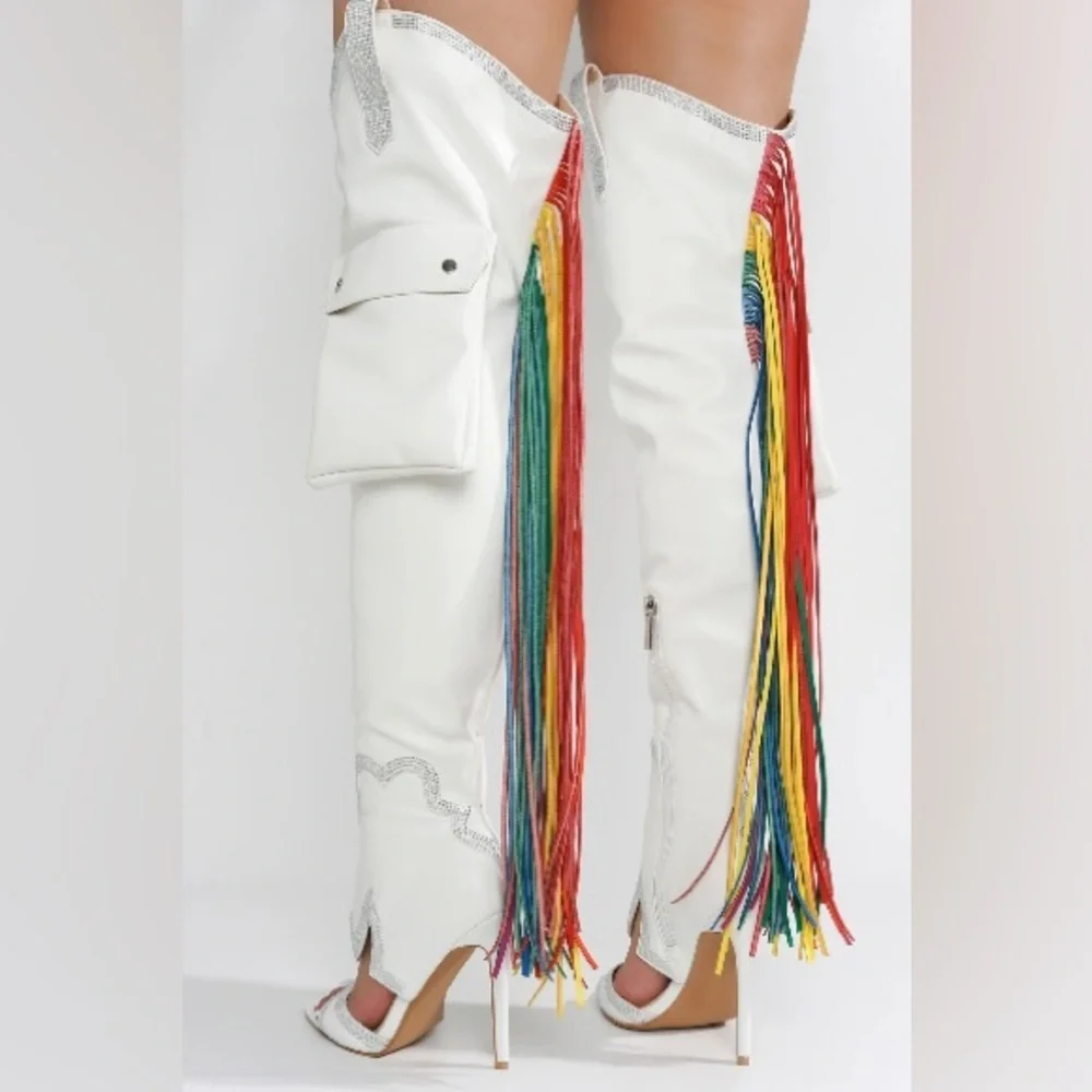 CAPE ROBBIN LISE WESTERN RHINESTONE FRINGED CARGO POCKET BOOTS NIB